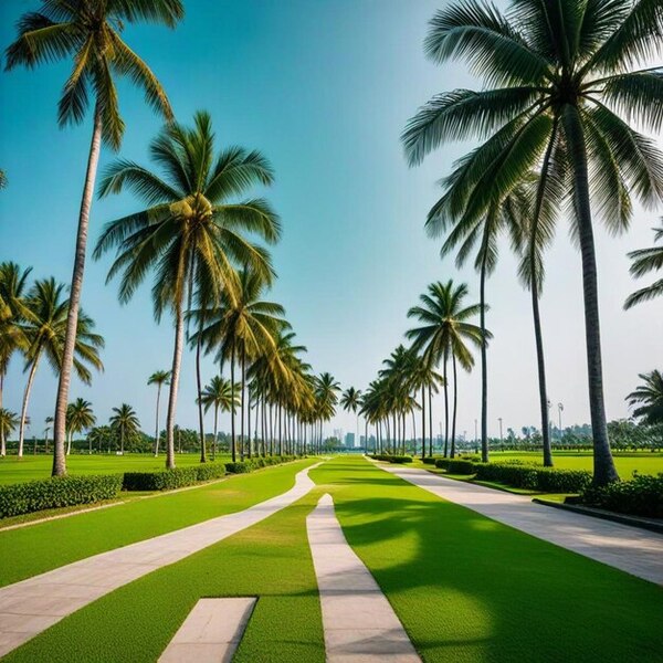 Sendero con palmeras brindando sombra